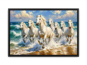 white horses beach painting, horses running ocean waves art, coastal horse wall art canvas, seascape horse painting modern