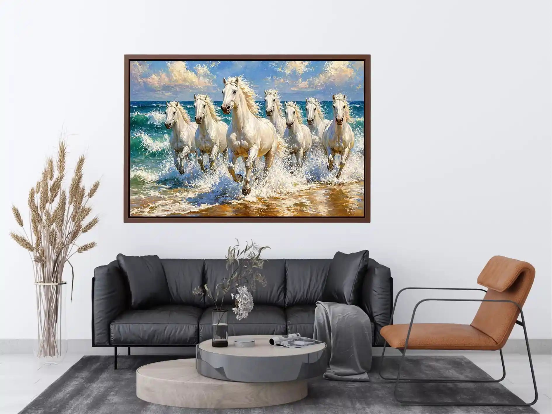 white horses beach painting, horses running ocean waves art, coastal horse wall art canvas, seascape horse painting modern