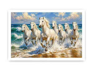 white horses beach painting, horses running ocean waves art, coastal horse wall art canvas, seascape horse painting modern