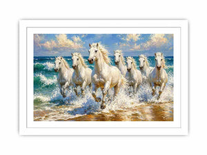 white horses beach painting, horses running ocean waves art, coastal horse wall art canvas, seascape horse painting modern