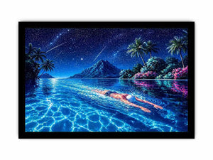 night swimming ocean painting, tropical island starry sky wall art, surreal swimmer ocean canvas, dreamy coastal night artwork