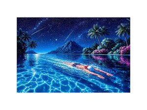 night swimming ocean painting, tropical island starry sky wall art, surreal swimmer ocean canvas, dreamy coastal night artwork