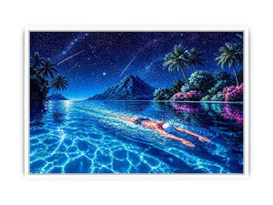 night swimming ocean painting, tropical island starry sky wall art, surreal swimmer ocean canvas, dreamy coastal night artwork