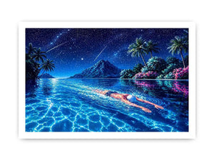 night swimming ocean painting, tropical island starry sky wall art, surreal swimmer ocean canvas, dreamy coastal night artwork