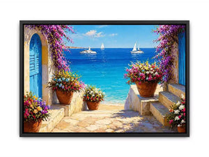mediterranean terrace sea painting, coastal balcony flowers wall art, ocean view canvas mediterranean style, seaside villa artwork