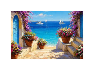 mediterranean terrace sea painting, coastal balcony flowers wall art, ocean view canvas mediterranean style, seaside villa artwork