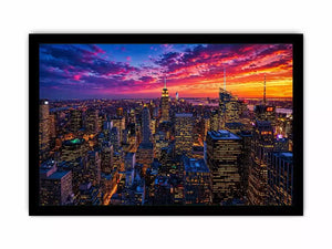 city skyline sunset wall art, urban skyline night lights canvas, modern cityscape artwork, new york skyline evening art