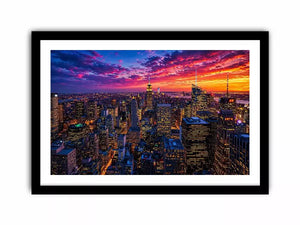 city skyline sunset wall art, urban skyline night lights canvas, modern cityscape artwork, new york skyline evening art