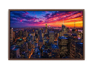 city skyline sunset wall art, urban skyline night lights canvas, modern cityscape artwork, new york skyline evening art