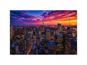 city skyline sunset wall art, urban skyline night lights canvas, modern cityscape artwork, new york skyline evening art