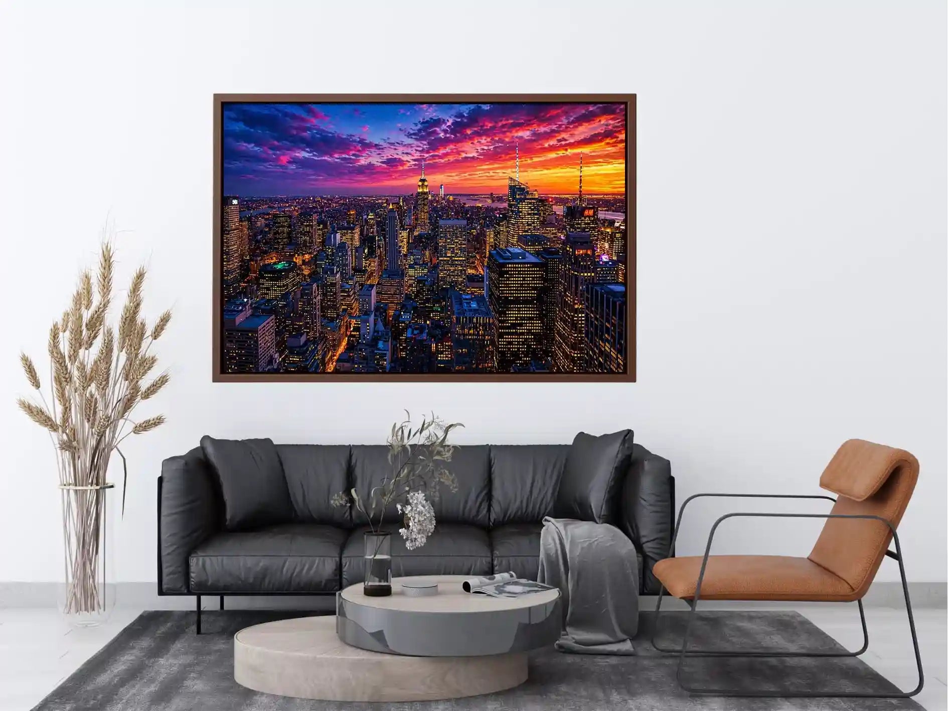 city skyline sunset wall art, urban skyline night lights canvas, modern cityscape artwork, new york skyline evening art