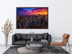 city skyline sunset wall art, urban skyline night lights canvas, modern cityscape artwork, new york skyline evening art