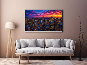city skyline sunset wall art, urban skyline night lights canvas, modern cityscape artwork, new york skyline evening art