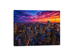 city skyline sunset wall art, urban skyline night lights canvas, modern cityscape artwork, new york skyline evening art