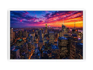 city skyline sunset wall art, urban skyline night lights canvas, modern cityscape artwork, new york skyline evening art