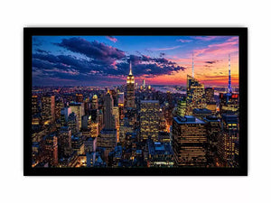 city skyline sunset wall art, urban skyline twilight canvas, modern cityscape evening artwork, skyline lights wall decor