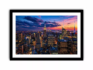city skyline sunset wall art, urban skyline twilight canvas, modern cityscape evening artwork, skyline lights wall decor