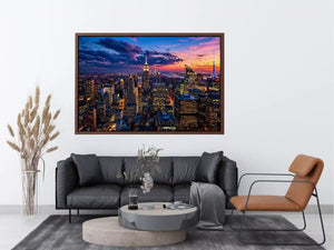 city skyline sunset wall art, urban skyline twilight canvas, modern cityscape evening artwork, skyline lights wall decor