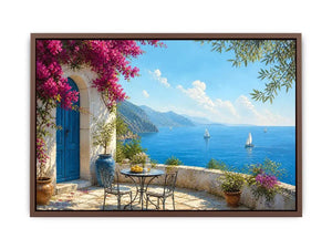 mediterranean coastal terrace wall art with blue sea sailboats flowers and white architecture luxury canvas print