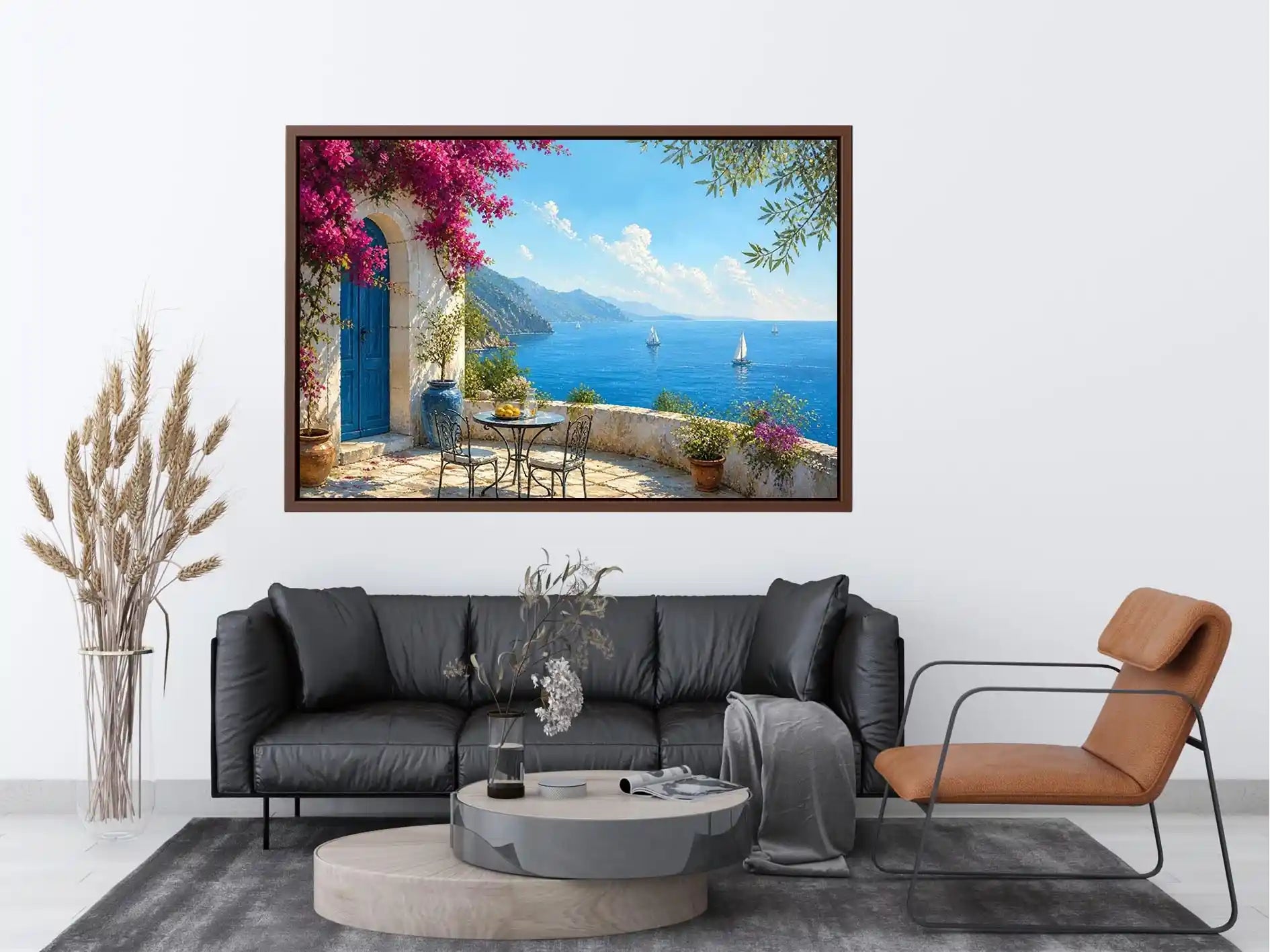 mediterranean coastal terrace wall art with blue sea sailboats flowers and white architecture luxury canvas print