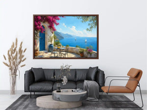 mediterranean coastal terrace wall art with blue sea sailboats flowers and white architecture luxury canvas print