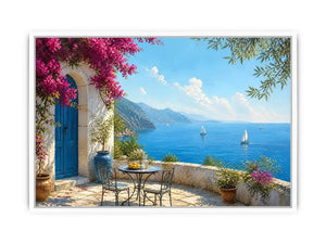 mediterranean coastal terrace wall art with blue sea sailboats flowers and white architecture luxury canvas print