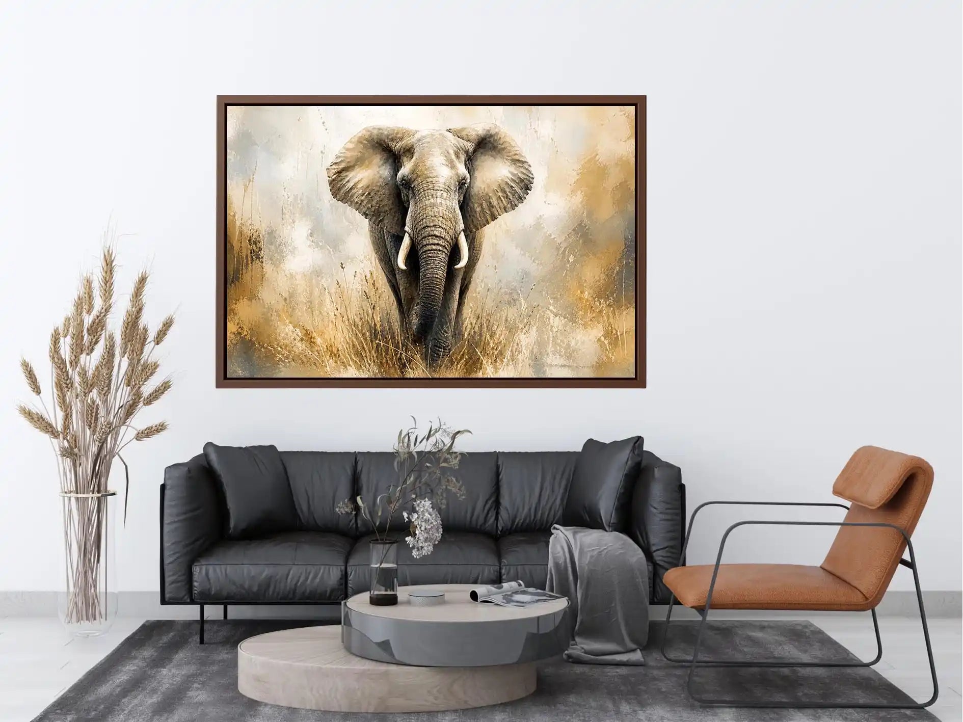 majestic elephant wall art in golden savannah tones luxury wildlife canvas for modern living room decor