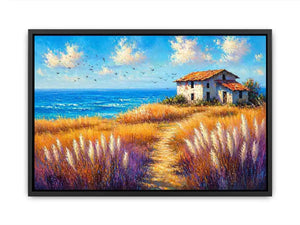 coastal cottage landscape painting ocean field vibrant wall art canvas modern impressionist