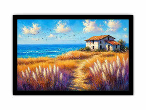 coastal cottage landscape painting ocean field vibrant wall art canvas modern impressionist