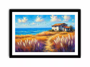 coastal cottage landscape painting ocean field vibrant wall art canvas modern impressionist