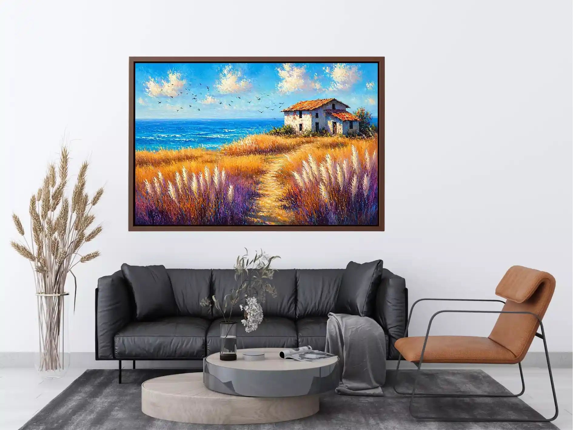 coastal cottage landscape painting ocean field vibrant wall art canvas modern impressionist