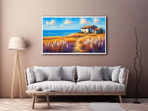 coastal cottage landscape painting ocean field vibrant wall art canvas modern impressionist