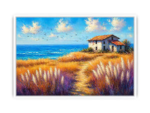 coastal cottage landscape painting ocean field vibrant wall art canvas modern impressionist