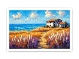 coastal cottage landscape painting ocean field vibrant wall art canvas modern impressionist