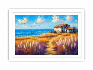 coastal cottage landscape painting ocean field vibrant wall art canvas modern impressionist