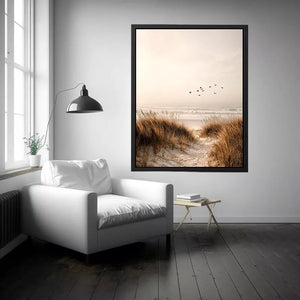 minimal coastal birds beach dunes neutral wall art calm ocean canvas decor