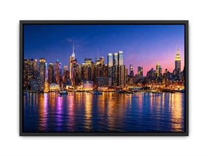 modern city skyline night reflection wall art colorful urban canvas