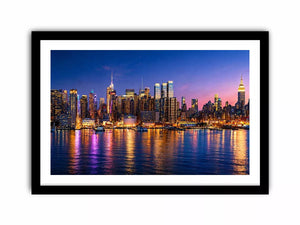 modern city skyline night reflection wall art colorful urban canvas