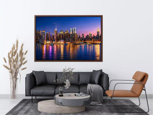 modern city skyline night reflection wall art colorful urban canvas