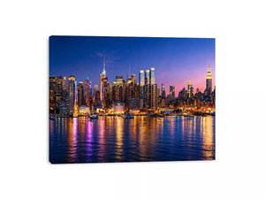 modern city skyline night reflection wall art colorful urban canvas