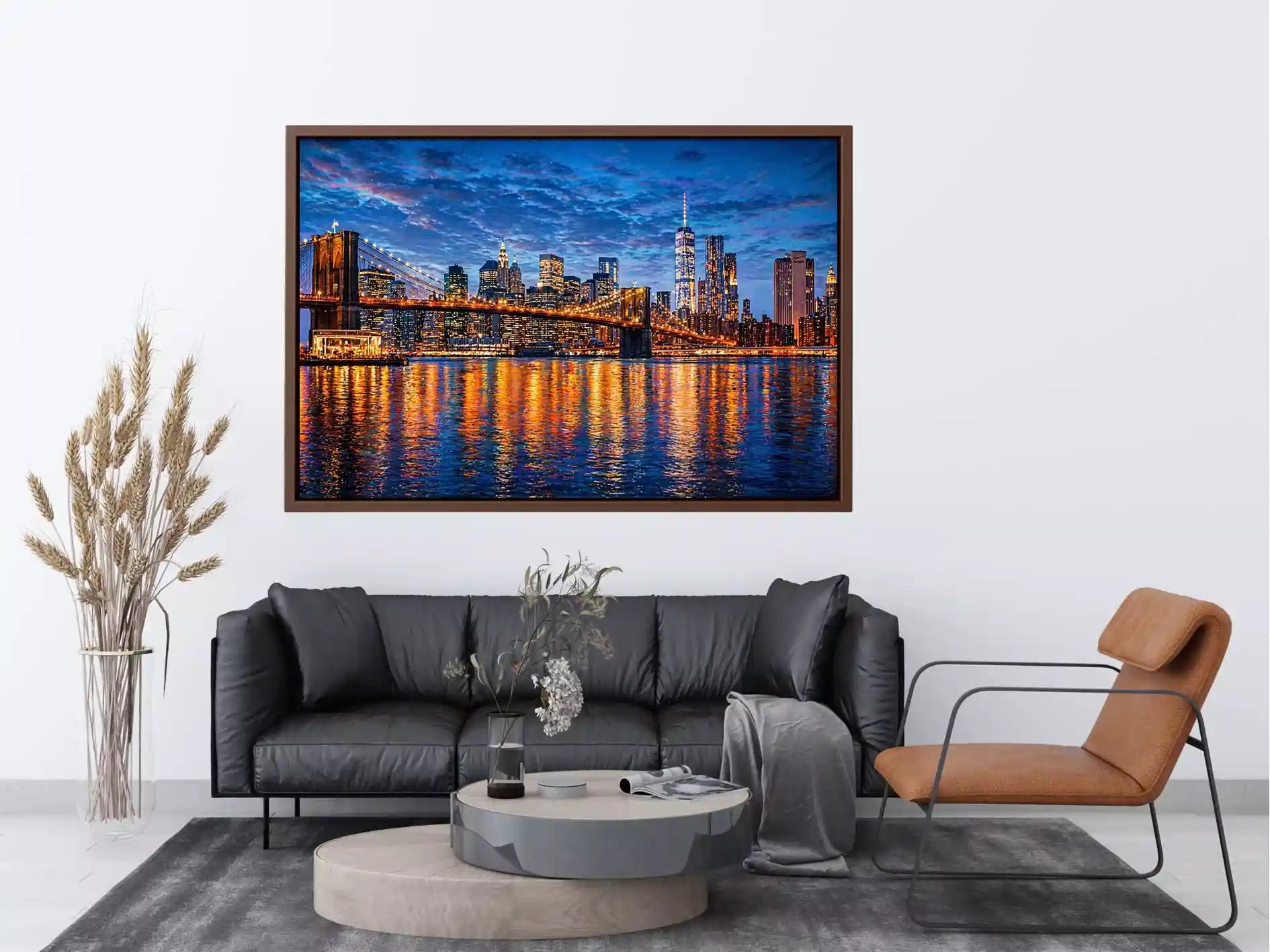 brooklyn bridge skyline night reflection wall art modern city canvas