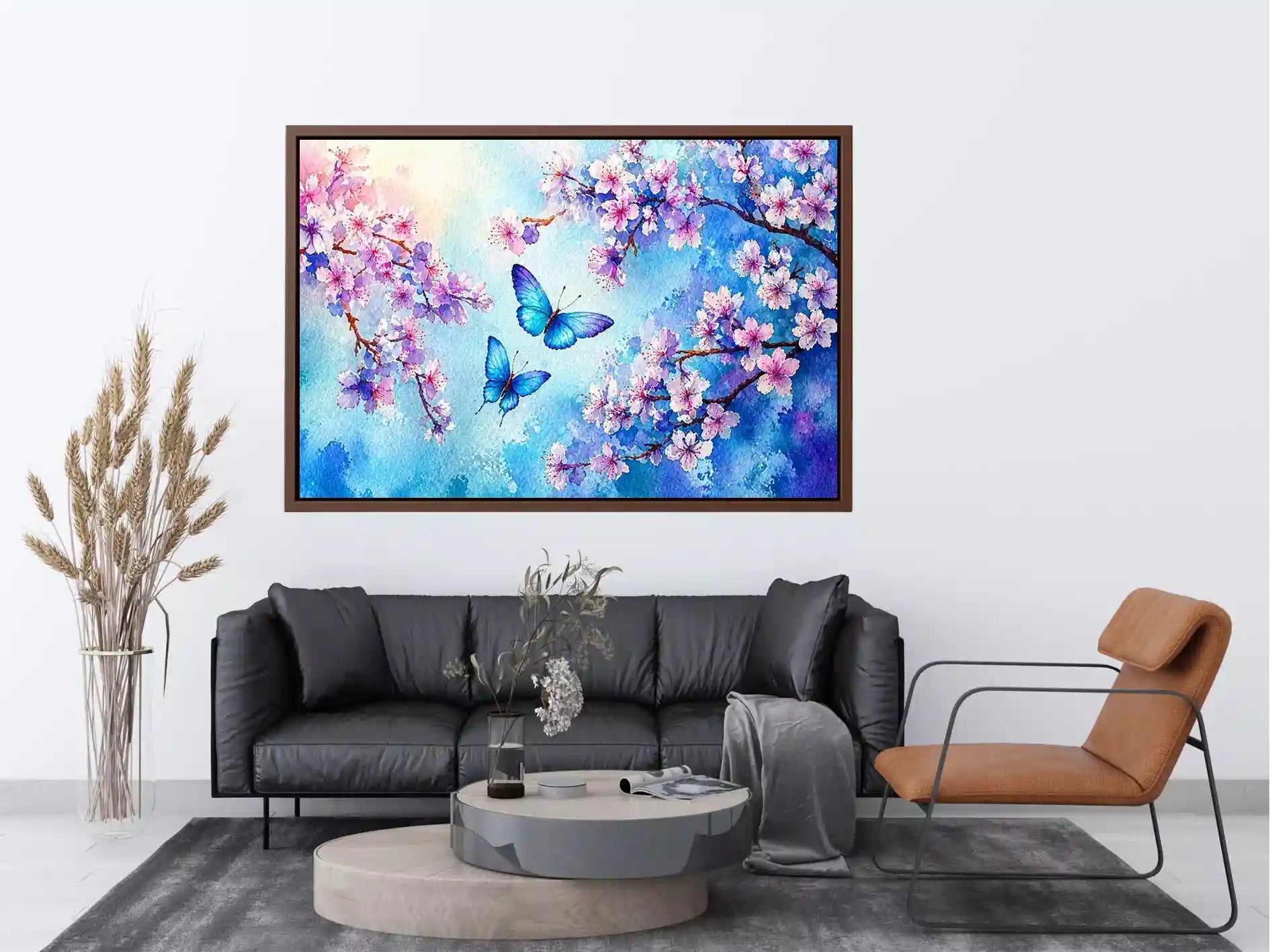 watercolor butterfly floral blossom blue pastel wall art canvas