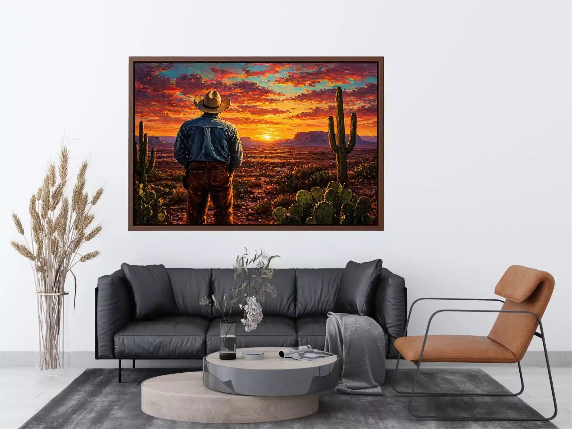 western cowboy sunset desert cactus wall art canvas