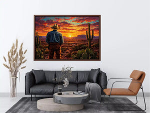 western cowboy sunset desert cactus wall art canvas