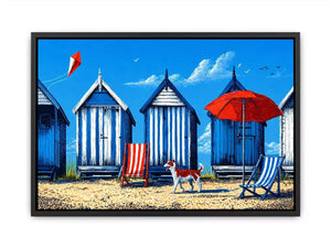 coastal beach huts illustration blue cabins seaside wall art canvas
