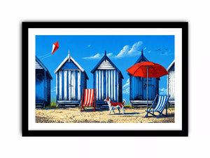 coastal beach huts illustration blue cabins seaside wall art canvas