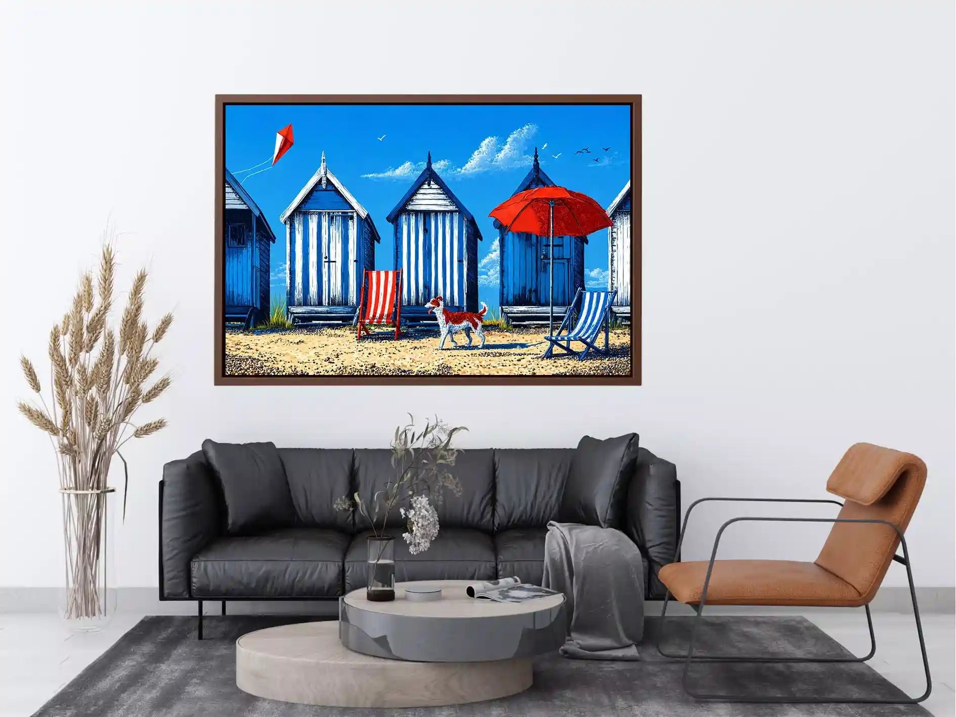 coastal beach huts illustration blue cabins seaside wall art canvas