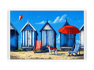coastal beach huts illustration blue cabins seaside wall art canvas