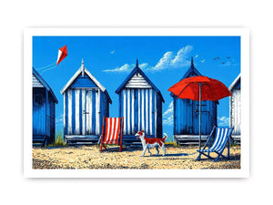 coastal beach huts illustration blue cabins seaside wall art canvas