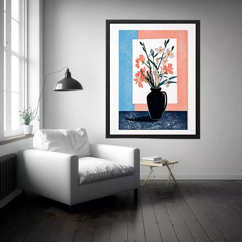 minimalist floral vase wall art, pastel botanical print modern decor, japandi flower vase illustration, scandinavian still life artwork, soft pink blue floral canvas